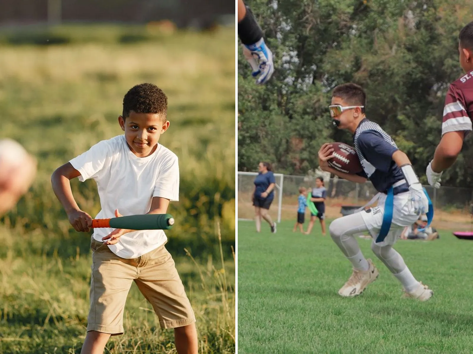 A young batter swinging on a grass field beside a flag football ball carrier cutting upfield